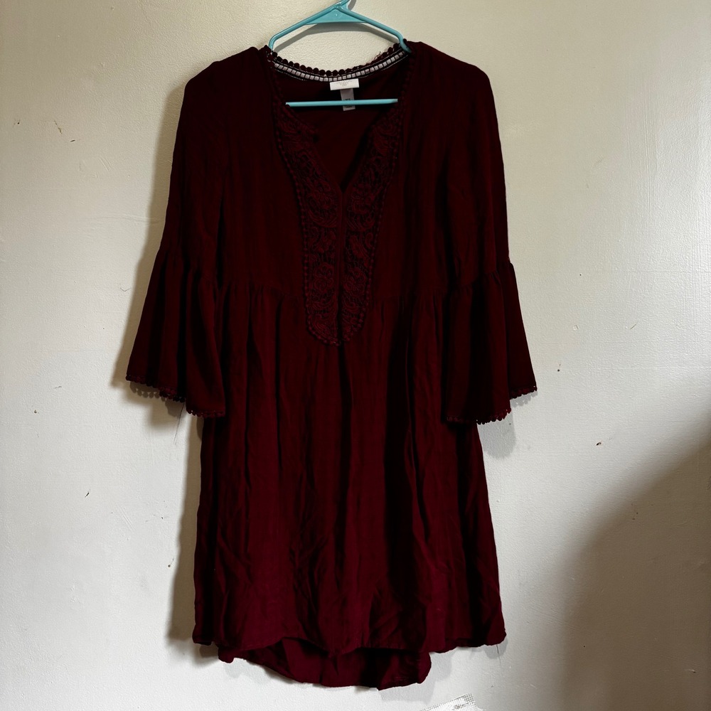 Knox Rose Women's XS Burgundy Boho Lace Trim Bell Sleeve Babydoll Mini Dress